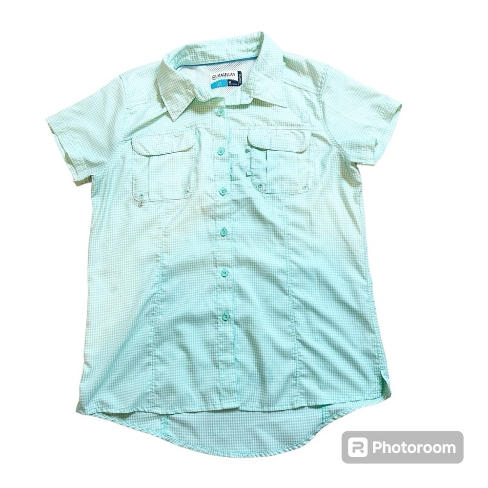 Pastel Green with White Checked Mag Wick Magellan Outdoors Sz Medium Button Down